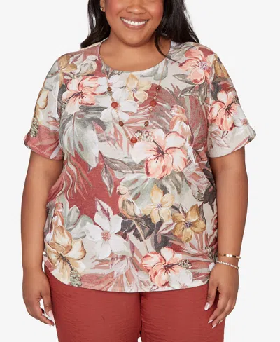 Alfred Dunner Plus Size Spice Market Dramatic Floral T-shirt With Necklace In Animal Print