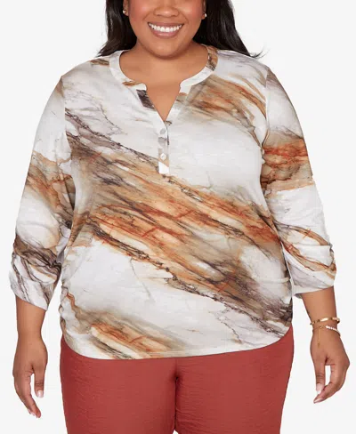 Alfred Dunner Plus Size Spice Market Marble Print Split Neck Top In Multi