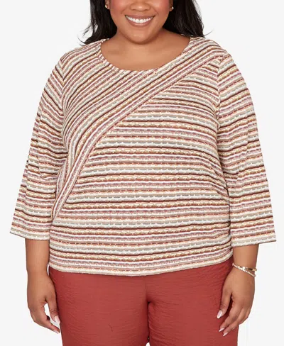Alfred Dunner Plus Size Spice Market Spliced Textured Stripe Ruched Tie Top In Multi