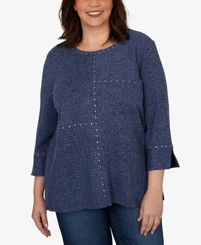 Alfred Dunner Plus Size Spliced Texture Metallic Studded Top In Blue