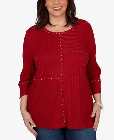 Alfred Dunner Plus Size Spliced Texture Metallic Studded Top In Red