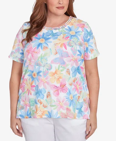 Alfred Dunner Plus Size Spring Butterfly Crew Neck Top In Multi Pink