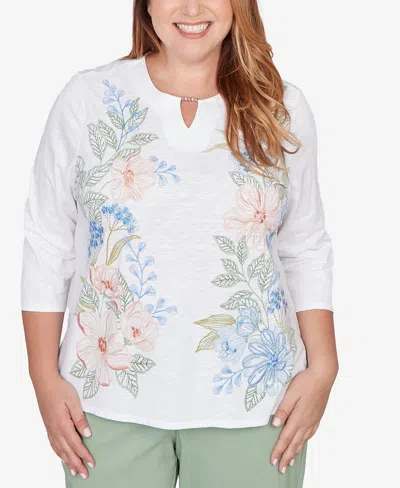 Alfred Dunner Plus Size St. Augustine Blooming Floral Embroidered Split Neck Top In White