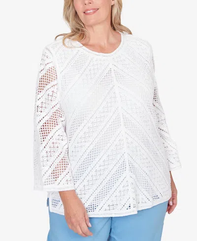 Alfred Dunner Plus Size St. Augustine Chevron Crochet Crewneck Top In White