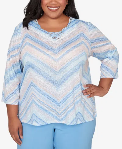 Alfred Dunner Plus Size St. Augustine Chevron Print Lace Trim Crew Neck Top In Multi