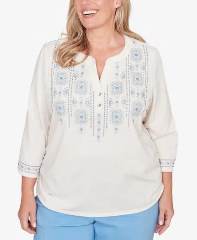 Alfred Dunner Plus Size St. Augustine Medallion Embroidered Ruched Henley Top In White