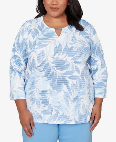 Alfred Dunner Plus Size St. Augustine Monotone Leaf Print Split Neck Top In Blue