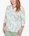 Alfred Dunner Plus Size St. Augustine Monotone Leaf Print Split Neck Top In Green