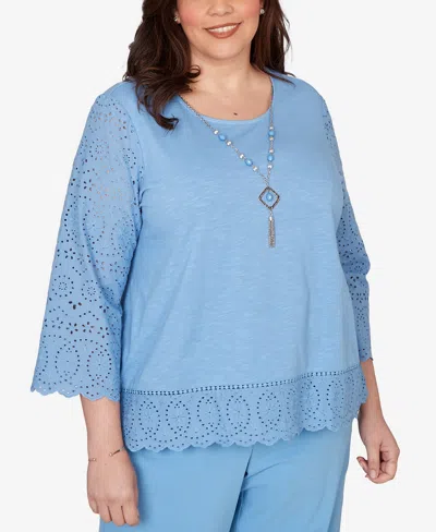 Alfred Dunner Plus Size St. Augustine Solid Eyelet Trim Top With Necklace In Blue