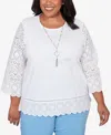 Alfred Dunner Plus Size St. Augustine Solid Eyelet Trim Top With Necklace In White
