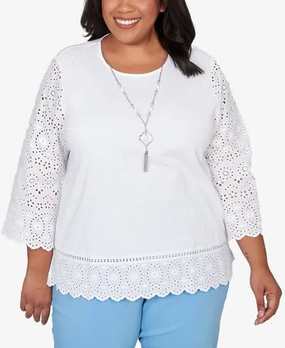 Alfred Dunner Plus Size St. Augustine Solid Eyelet Trim Top With Necklace In White
