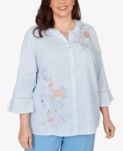 Alfred Dunner Plus Size St. Augustine Striped Floral Embroidered Button Down Top In White
