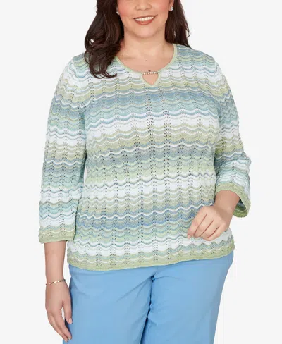 Alfred Dunner Plus Size St. Augustine Textured Space Dye Split Neck Sweater In Green