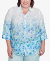Alfred Dunner Plus Size St. Thomas Border Floral Button Down Top In Sky Blue Multi