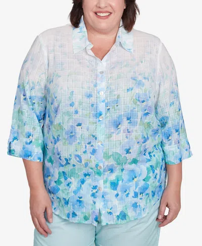 Alfred Dunner Plus Size St. Thomas Border Floral Button Down Top In Sky Blue Multi