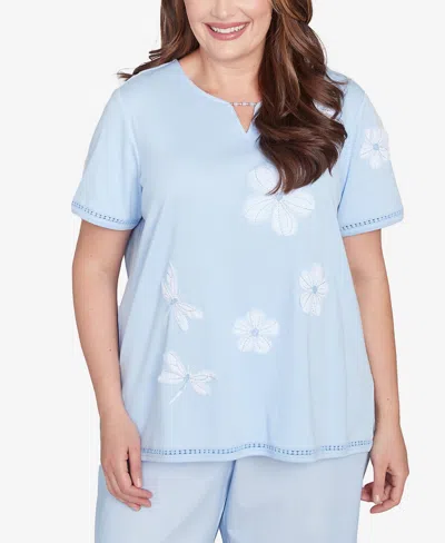 Alfred Dunner Plus Size St. Thomas Dragonfly Flower Applique Crew Neck Top In Blue