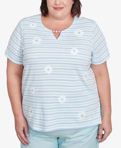 Alfred Dunner Plus Size St. Thomas Embroidered Daisy Striped Top In Mint Multi