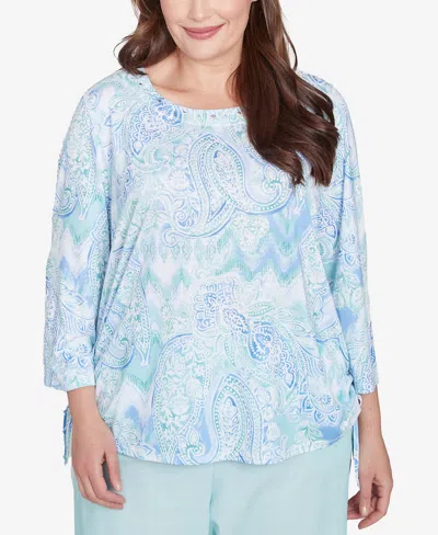 Alfred Dunner Plus Size St. Thomas Island Mint Paisley Ruched Side Top In Mint Multi