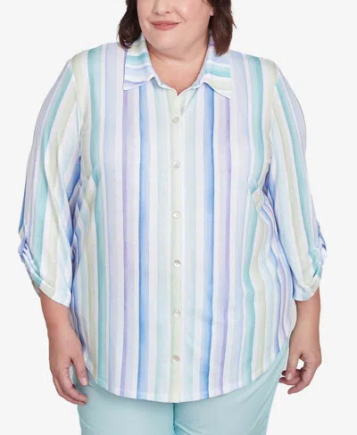 Alfred Dunner Plus Size St. Thomas Island Mint Stripe Knit Button Front Top In Mint Multi