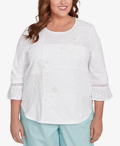 Alfred Dunner Plus Size St. Thomas Lace Patchwork Embellished Sleeve Top In White