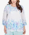 Alfred Dunner Plus Size St. Thomas Textured Sky Blue Floral Border Top In Sky Blue Multi