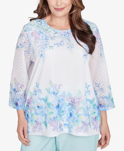 Alfred Dunner Plus Size St. Thomas Textured Sky Blue Floral Border Top In Sky Blue Multi