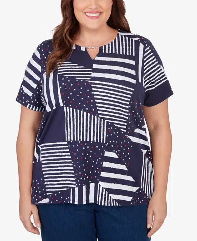 Alfred Dunner Plus Size Stars And Stripes Split Neck Tee In Navy