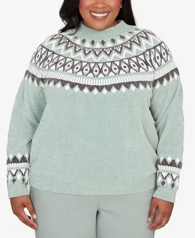 Alfred Dunner Plus Size Stockbridge Fair Isle Pattern Chenille Sweater In Green