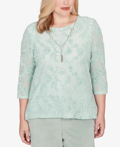 ALFRED DUNNER PLUS SIZE STOCKBRIDGE FLORAL VELVET SOUTACHE MESH TOP WITH NECKLACE