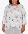 Alfred Dunner Plus Size Stockbridge Playful Snowmen Scene Knit Top In Gray