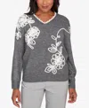 Alfred Dunner Plus Size Stockbridge Ruffle V-neck Floral Soutache Sweater In Gray