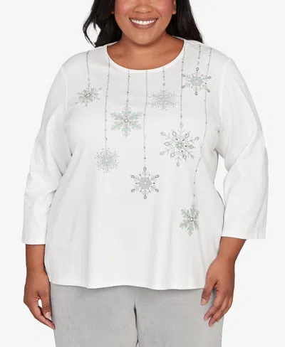 Alfred Dunner Plus Size Stockbridge Snowflake Crew Neck Top In White