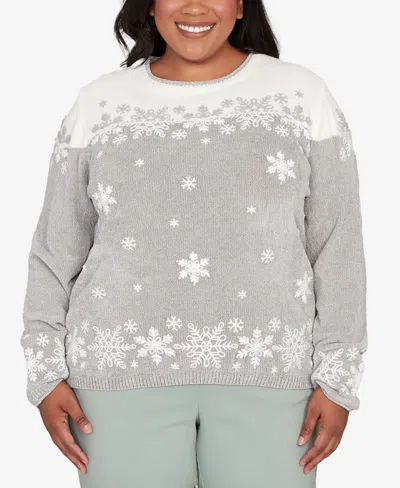 Alfred Dunner Plus Size Stockbridge Snowflake Embroidery Chenille Sweater In Gray