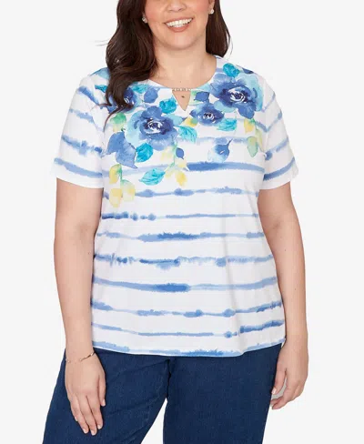 Alfred Dunner Plus Size Striped Floral Split Neck T-shirt In Blue