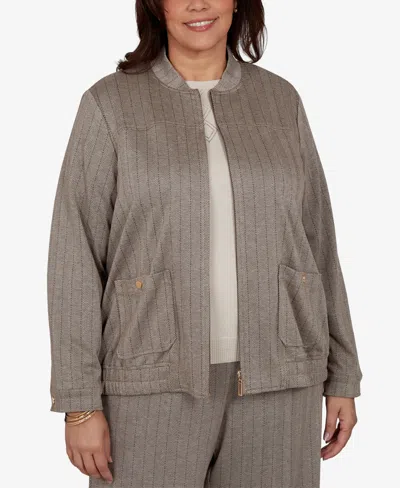 Alfred Dunner Plus Size Striped Mandarin Collar Bomber Jacket In Latte
