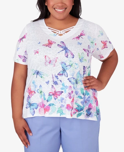 Alfred Dunner Plus Size Summer Breeze Butterfly Border Shirt Sleeve Top In Multi