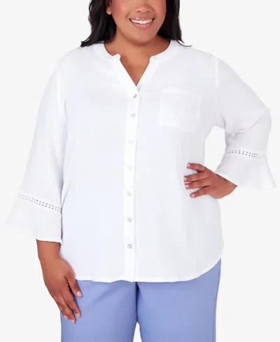Alfred Dunner Plus Size Summer Breeze Button Down Gauze Top In White