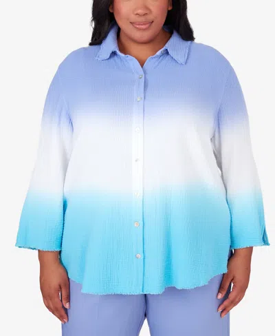 Alfred Dunner Plus Size Summer Breeze Dip Dye Button Down Blouse In Multi