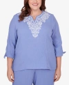 ALFRED DUNNER PLUS SIZE SUMMER BREEZE EMBROIDERED TOP WITH TIE SLEEVES