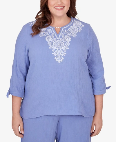 Alfred Dunner Plus Size Summer Breeze Embroidered Top With Tie Sleeves In Lilac
