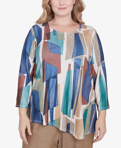 Alfred Dunner Plus Size Summer Solstice Abstract Stained Glass Crew Neck Top In Navy Multi