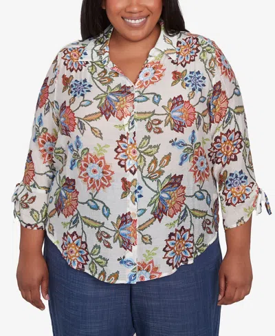 Alfred Dunner Plus Size Summer Solstice Batik Floral Button Front Top In Neutral Multi