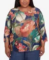 Alfred Dunner Plus Size Summer Solstice Dramatic Summer Floral Top With Necklace In Navy Multi