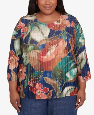 Alfred Dunner Plus Size Summer Solstice Dramatic Summer Floral Top With Necklace In Navy Multi