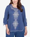 Alfred Dunner Plus Size Summer Solstice Embroidery Centered Tie Sleeve Top In Blueberry