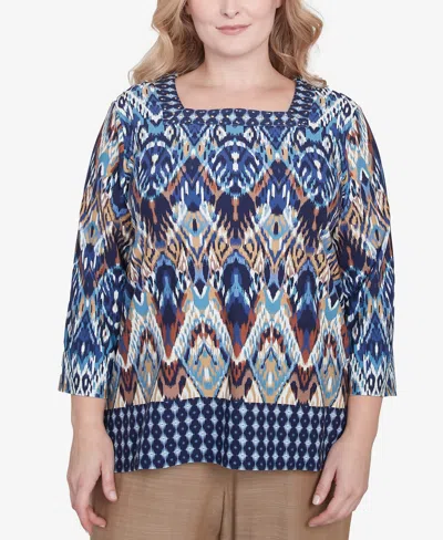 Alfred Dunner Plus Size Summer Solstice Ikat Diamond Border Square Neck Top In Navy Multi