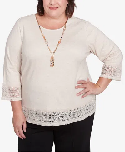 Alfred Dunner Plus Size Summer Solstice Lace Trimmed Knit Top With Necklace In Oatmeal