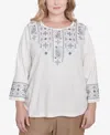 Alfred Dunner Plus Size Summer Solstice Linear Embroidered Tie Sleeve Top In Linen