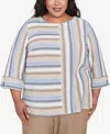 Alfred Dunner Plus Size Summer Solstice Spliced Stripe Button Shoulder Crew Neck Top In Neutral Multi