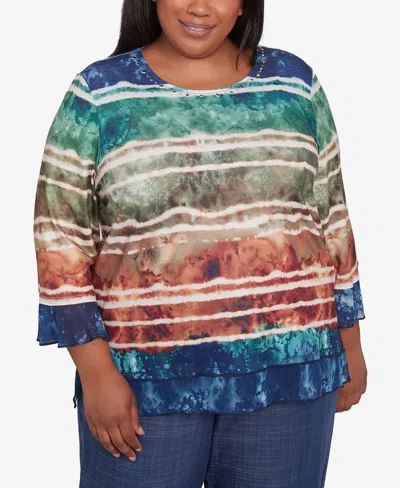 Alfred Dunner Plus Size Summer Solstice Tie Dye Striped Biadere Crew Neck Top In Navy Multi